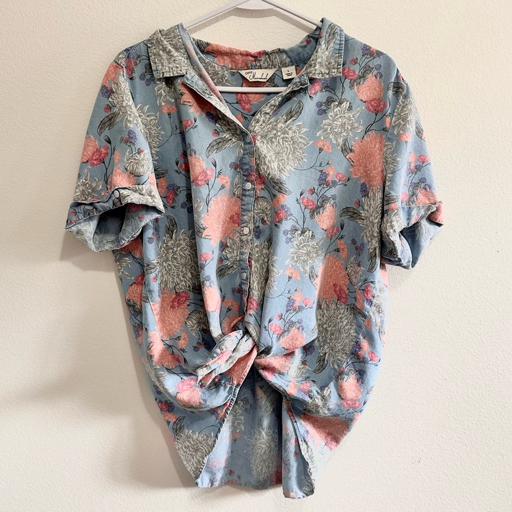 Caffé Marrakesh Floral Button-Up Short Sleeve Shirt L Lyocell Boho Work Casual